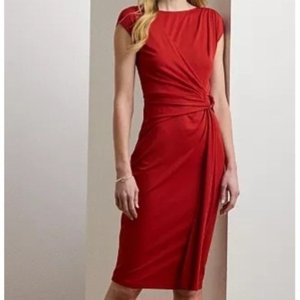 Ralph Lauren Ring Trim Round Neck‎ Cap Sleeve Midi Red Sheath Dress Womens 4 NWT